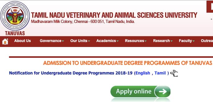 Tamilnadu Veterinary Admission 2023 Application form TANUVAS BVSc, BTech,  AH Course