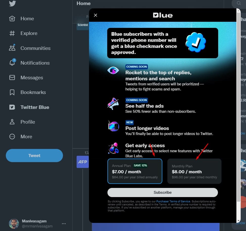 sign up for twitter blue from India, UAE, Europe, Africa