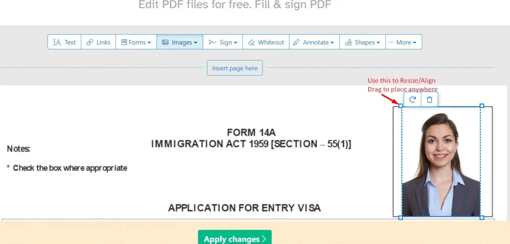 resize image on visa application form pdf
